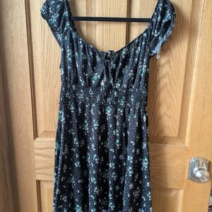 Vanilla Star Black Dress with White and Green Floral Pattern